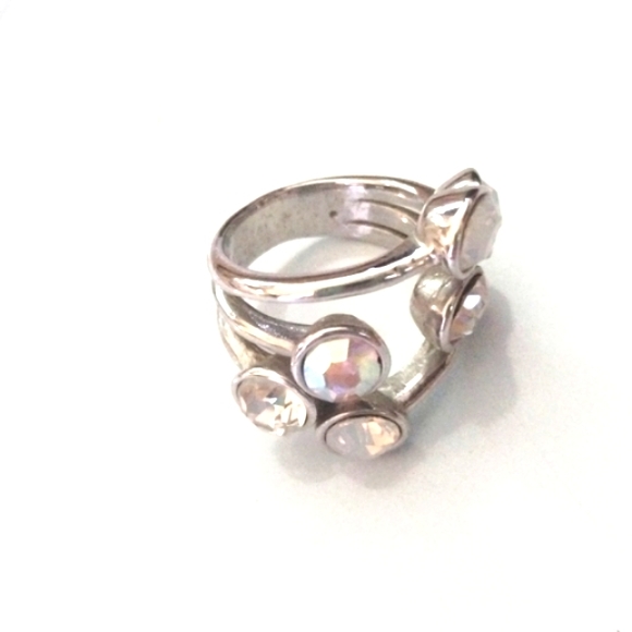 WHITE CRYSTAL, MOONSTONE, AURORA BOREALIS 3-STACK SILVER RING - SIZE 7 - Picture 3 of 8